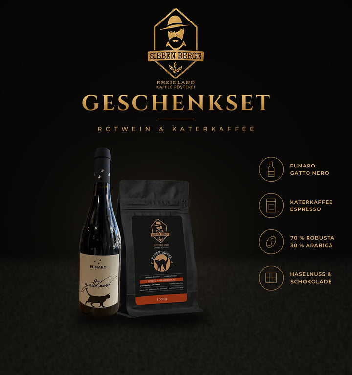 Geschenkset Rotwein Funaro Gatto Nero und Sieben Berge Katerkaffee 1 kg