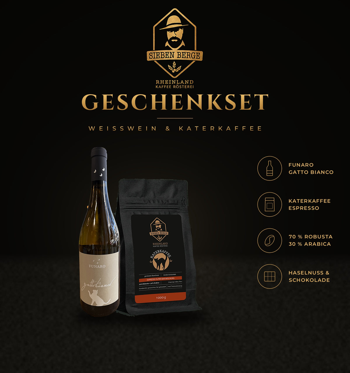 Geschenkset Weißwein Funaro Gatto Bianco und Sieben Berge Katerkaffee 1 kg