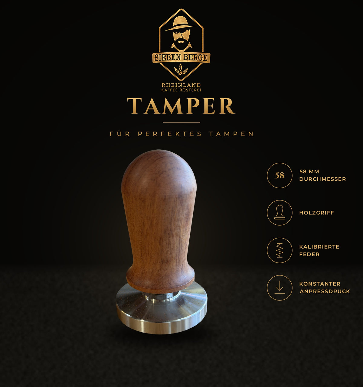 Sieben Berge Tamper 58 mm mit Holzgriff